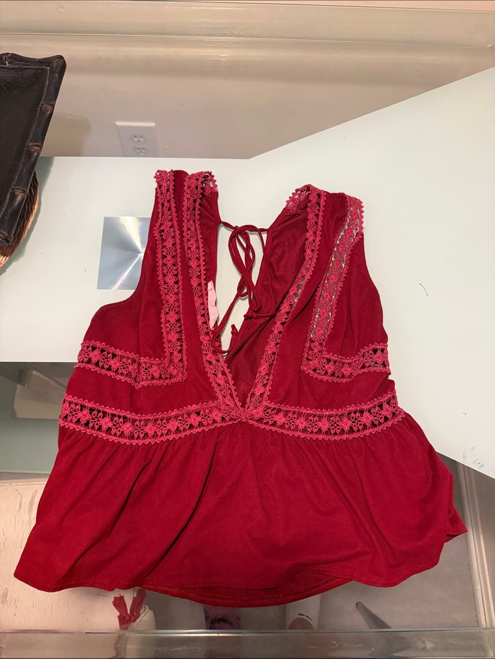 Lace-Trim Deep V Red Women’s Peplum Blouse